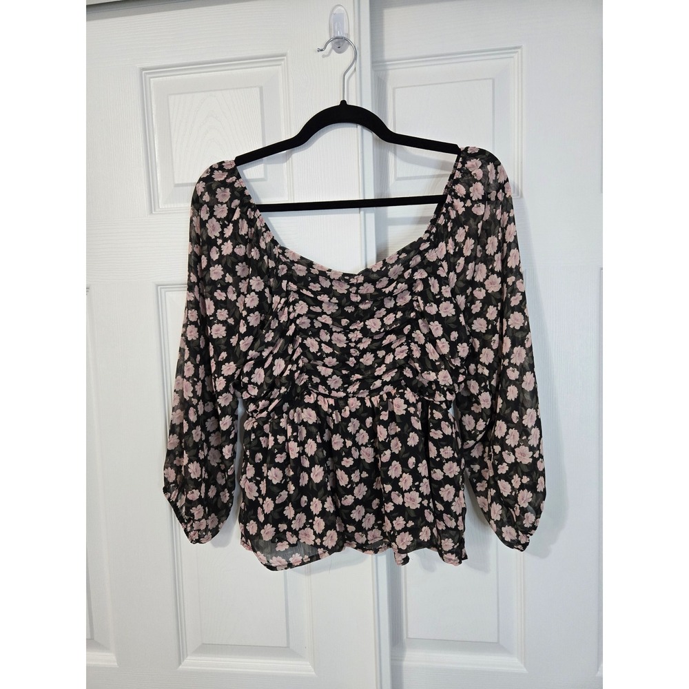 American Eagle Women Black Pink Floral Ruched Peplum Long Sleeve Blouse Medium